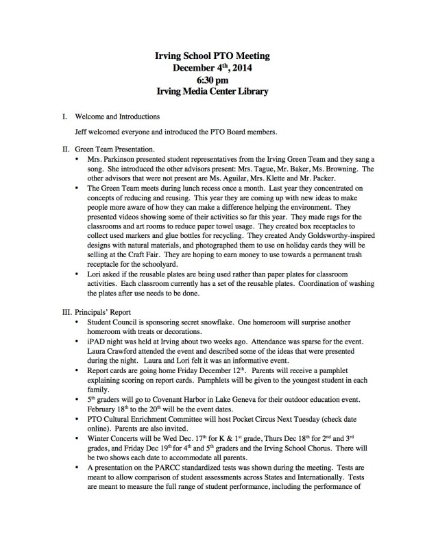 Irving School PTO Meeting 12-5-2014