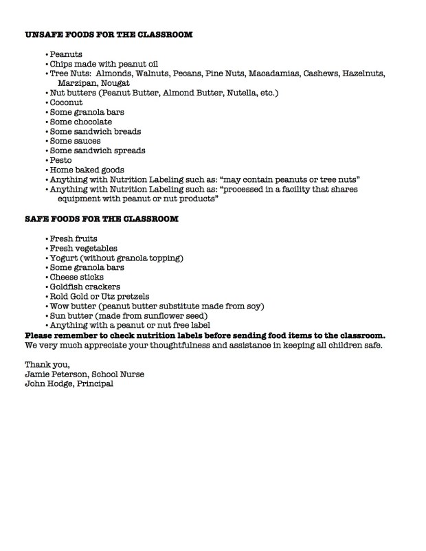 Allergy letter for Families 2015-2