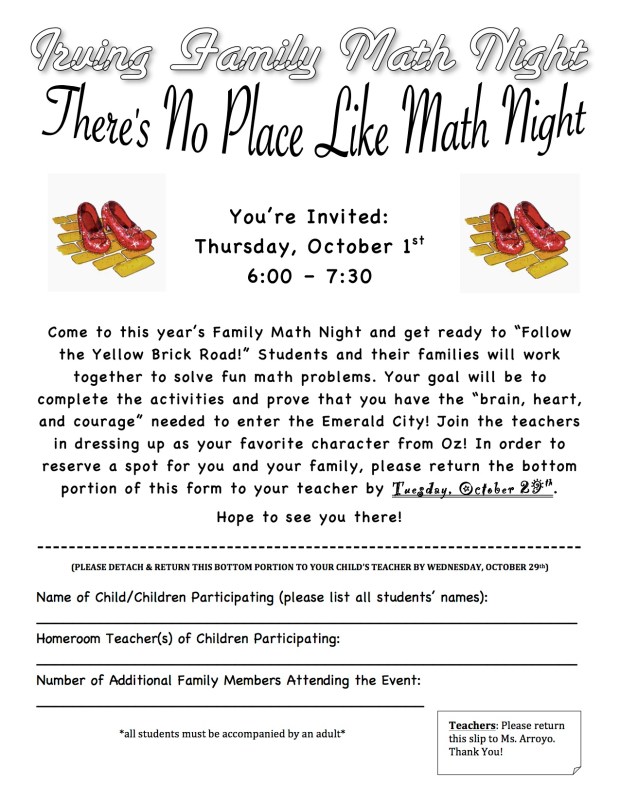 No Place Like Math Night Permission Slip