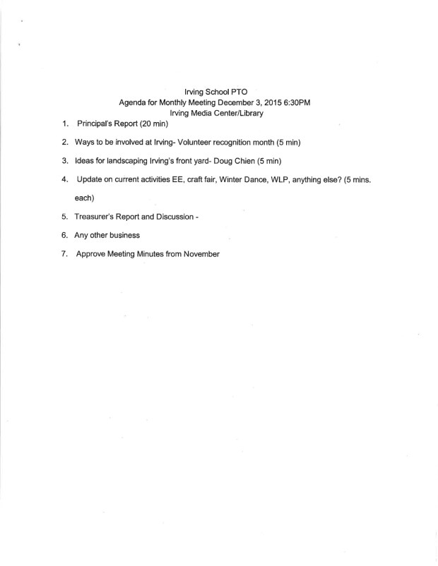 Irving School PTO Meeting 12-03-2016 handouts