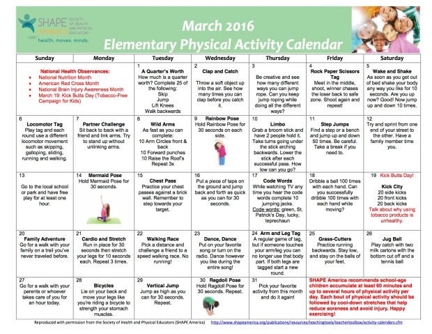 March 2016 Elementary Physical Activity Calendar - English